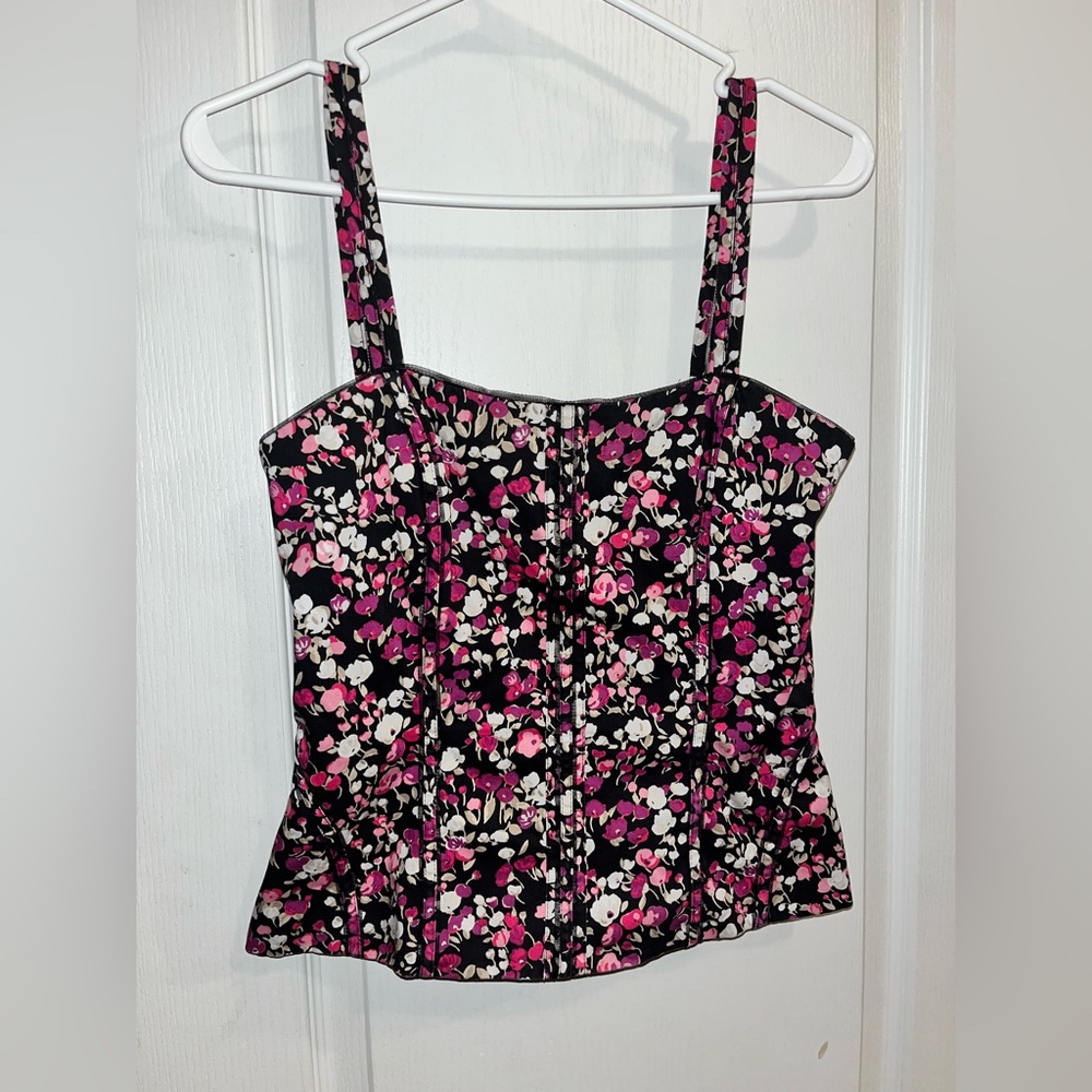 White House Black Market Floral Corset Top - Black and Pink